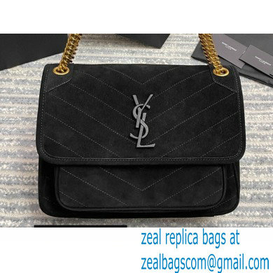 Saint Laurent Niki Medium Bag in Suede Leather 633158 Black/Gold