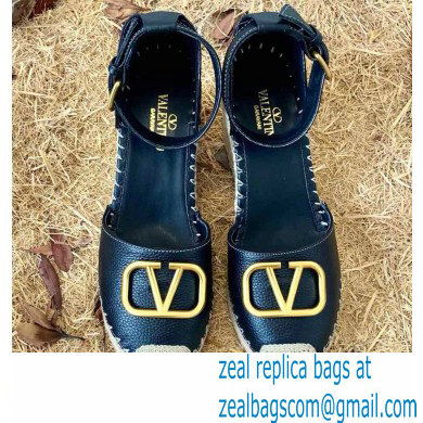 Valentino Leather VLogo Wedge Espadrilles Black