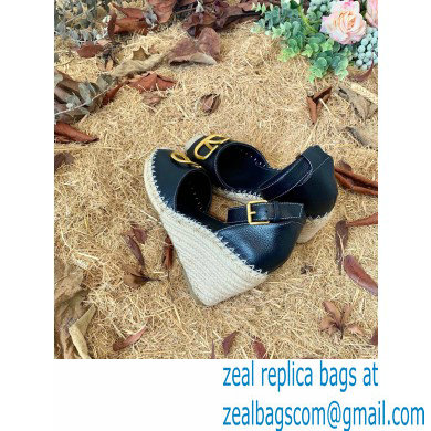 Valentino Leather VLogo Wedge Espadrilles Black