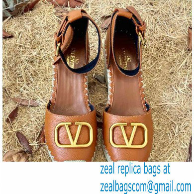 Valentino Leather VLogo Wedge Espadrilles Brown