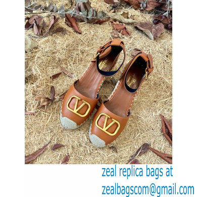 Valentino Leather VLogo Wedge Espadrilles Brown