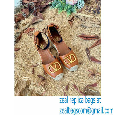 Valentino Leather VLogo Wedge Espadrilles Brown - Click Image to Close