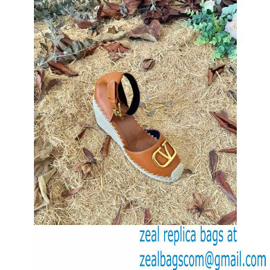 Valentino Leather VLogo Wedge Espadrilles Brown