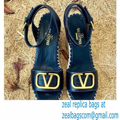 Valentino Leather VLogo Wedge Espadrilles Sandals Black - Click Image to Close
