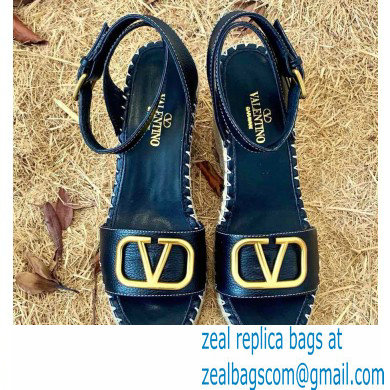 Valentino Leather VLogo Wedge Espadrilles Sandals Black