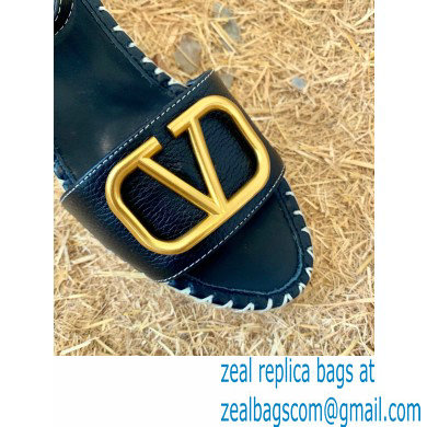 Valentino Leather VLogo Wedge Espadrilles Sandals Black