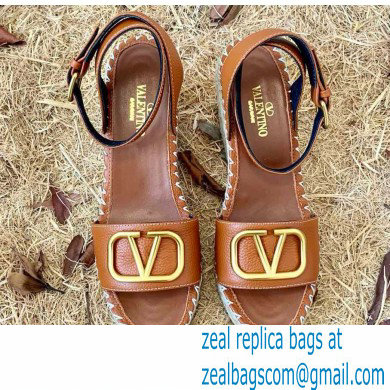 Valentino Leather VLogo Wedge Espadrilles Sandals Brown