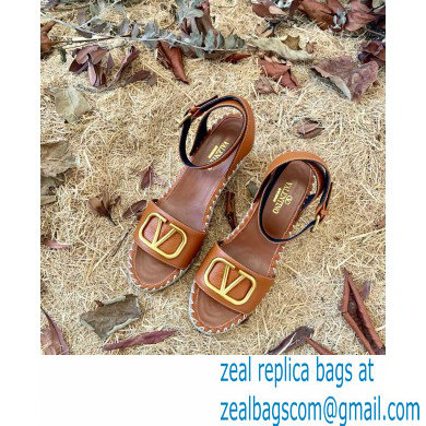 Valentino Leather VLogo Wedge Espadrilles Sandals Brown