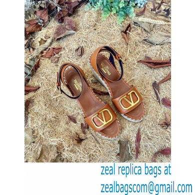 Valentino Leather VLogo Wedge Espadrilles Sandals Brown