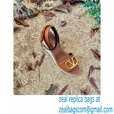 Valentino Leather VLogo Wedge Espadrilles Sandals Brown