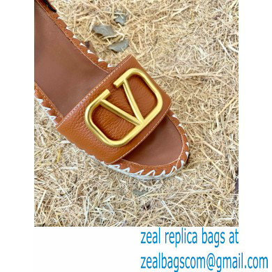 Valentino Leather VLogo Wedge Espadrilles Sandals Brown
