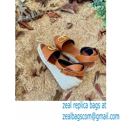 Valentino Leather VLogo Wedge Espadrilles Sandals Brown