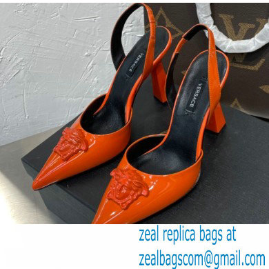 Versace Heel 11cm La Medusa Sling-back Pumps Patent Orange 2021 - Click Image to Close