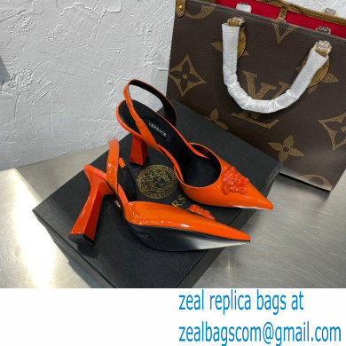 Versace Heel 11cm La Medusa Sling-back Pumps Patent Orange 2021 - Click Image to Close