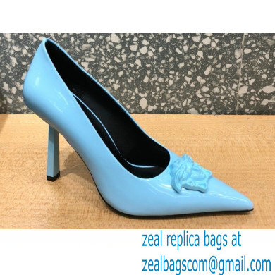 Versace Heel 9.5cm La Medusa Patent Leather Pumps Sky Blue 2021 - Click Image to Close