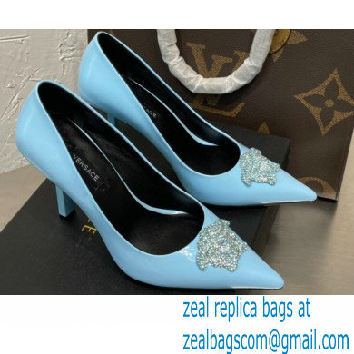 Versace Heel 9.5cm La Medusa Patent Leather Pumps Sky Blue/Silver 2021 - Click Image to Close