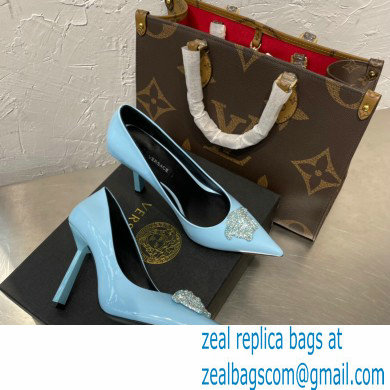 Versace Heel 9.5cm La Medusa Patent Leather Pumps Sky Blue/Silver 2021 - Click Image to Close