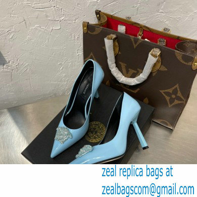 Versace Heel 9.5cm La Medusa Patent Leather Pumps Sky Blue/Silver 2021