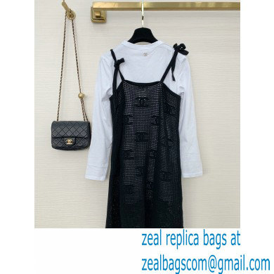 chanel white T-shirt and black net dress 2022SS