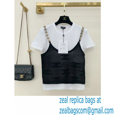 chanel white T-shirt and black net vest 2022SS