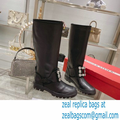 roger vivier Walky Viv' Strass Buckle High Boots in Leather black - Click Image to Close