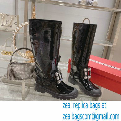 roger vivier Walky Viv' Strass Buckle High Boots in patent Leather black