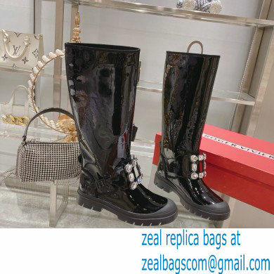 roger vivier Walky Viv' Strass Buckle High Boots in patent Leather black - Click Image to Close