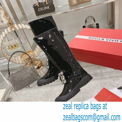 roger vivier Walky Viv' Strass Buckle High Boots in patent Leather black - Click Image to Close