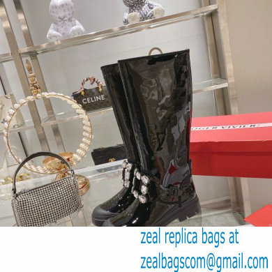 roger vivier Walky Viv' Strass Buckle High Boots in patent Leather black - Click Image to Close
