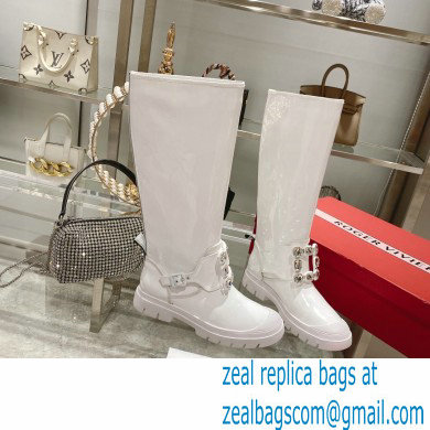 roger vivier Walky Viv' Strass Buckle High Boots in patent Leather white - Click Image to Close