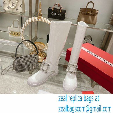 roger vivier Walky Viv' Strass Buckle High Boots in patent Leather white - Click Image to Close