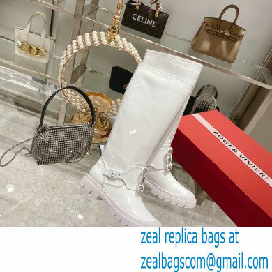 roger vivier Walky Viv' Strass Buckle High Boots in patent Leather white - Click Image to Close