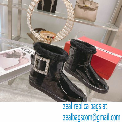 roger vivier Winter Viv' Strass snow Booties in Patent Leather black with black fur - Click Image to Close