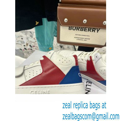 Celine Ct-02 Mid Sneakers With Velcro In Calfskin White/Red/Blue 2022 - Click Image to Close