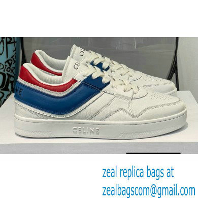 Celine Trainer Low Lace-up Sneakers In Calfskin White/Red/Blue 2022 - Click Image to Close