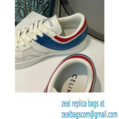 Celine Trainer Low Lace-up Sneakers In Calfskin White/Red/Blue 2022 - Click Image to Close