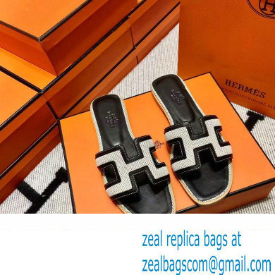 Hermes Calfskin and Canvas Oran Sandals Black/White