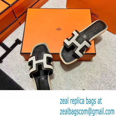 Hermes Calfskin and Canvas Oran Sandals Black/White