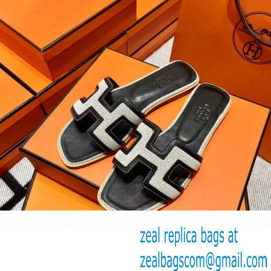 Hermes Calfskin and Canvas Oran Sandals Black/White