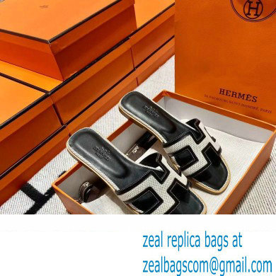 Hermes Calfskin and Canvas Oran Sandals Black/White