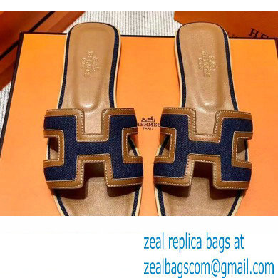 Hermes Calfskin and Canvas Oran Sandals Brown/Denim Blue