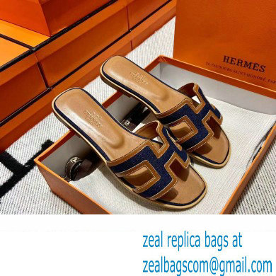 Hermes Calfskin and Canvas Oran Sandals Brown/Denim Blue