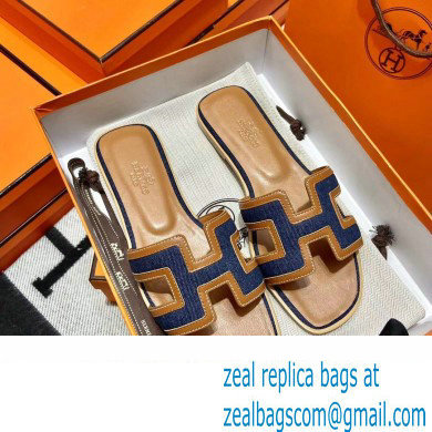 Hermes Calfskin and Canvas Oran Sandals Brown/Denim Blue