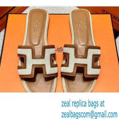 Hermes Calfskin and Canvas Oran Sandals Brown/White