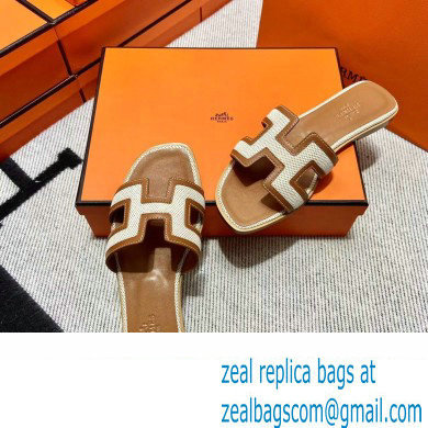 Hermes Calfskin and Canvas Oran Sandals Brown/White