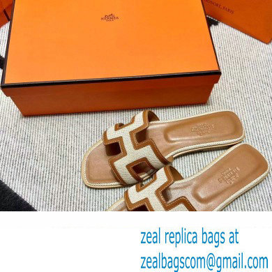 Hermes Calfskin and Canvas Oran Sandals Brown/White - Click Image to Close