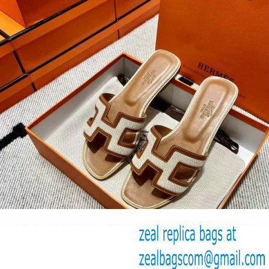 Hermes Calfskin and Canvas Oran Sandals Brown/White - Click Image to Close