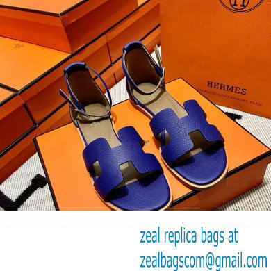 Hermes Epsom Calfskin Santorini Sandals Handmade Blue