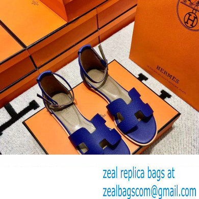 Hermes Epsom Calfskin Santorini Sandals Handmade Blue