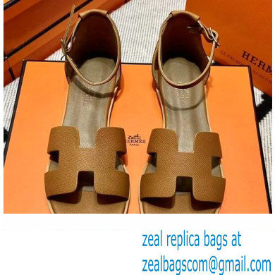 Hermes Epsom Calfskin Santorini Sandals Handmade Brown